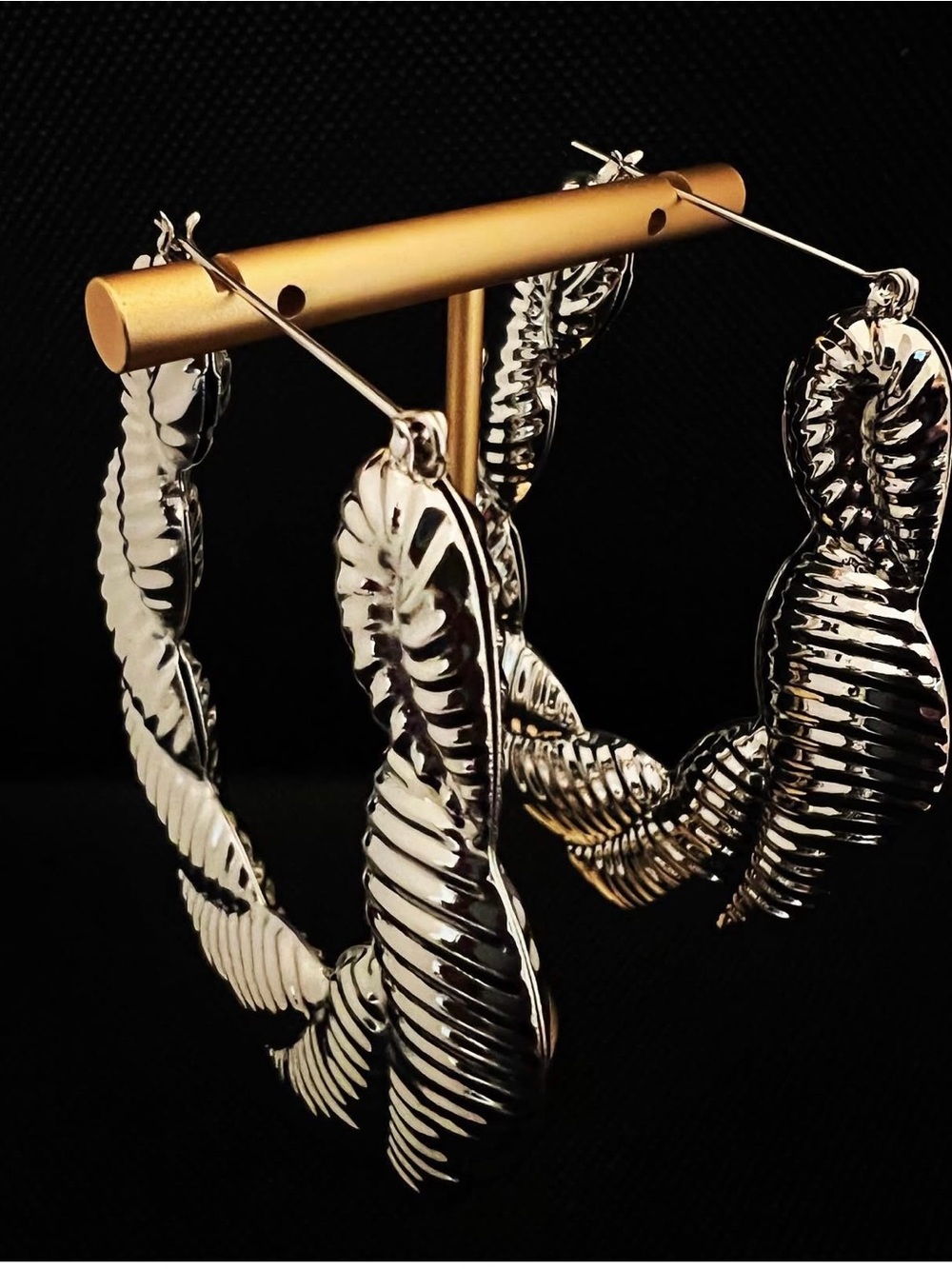 Statement Bamboo Twisted Hoop Earrings - Shiny Silver